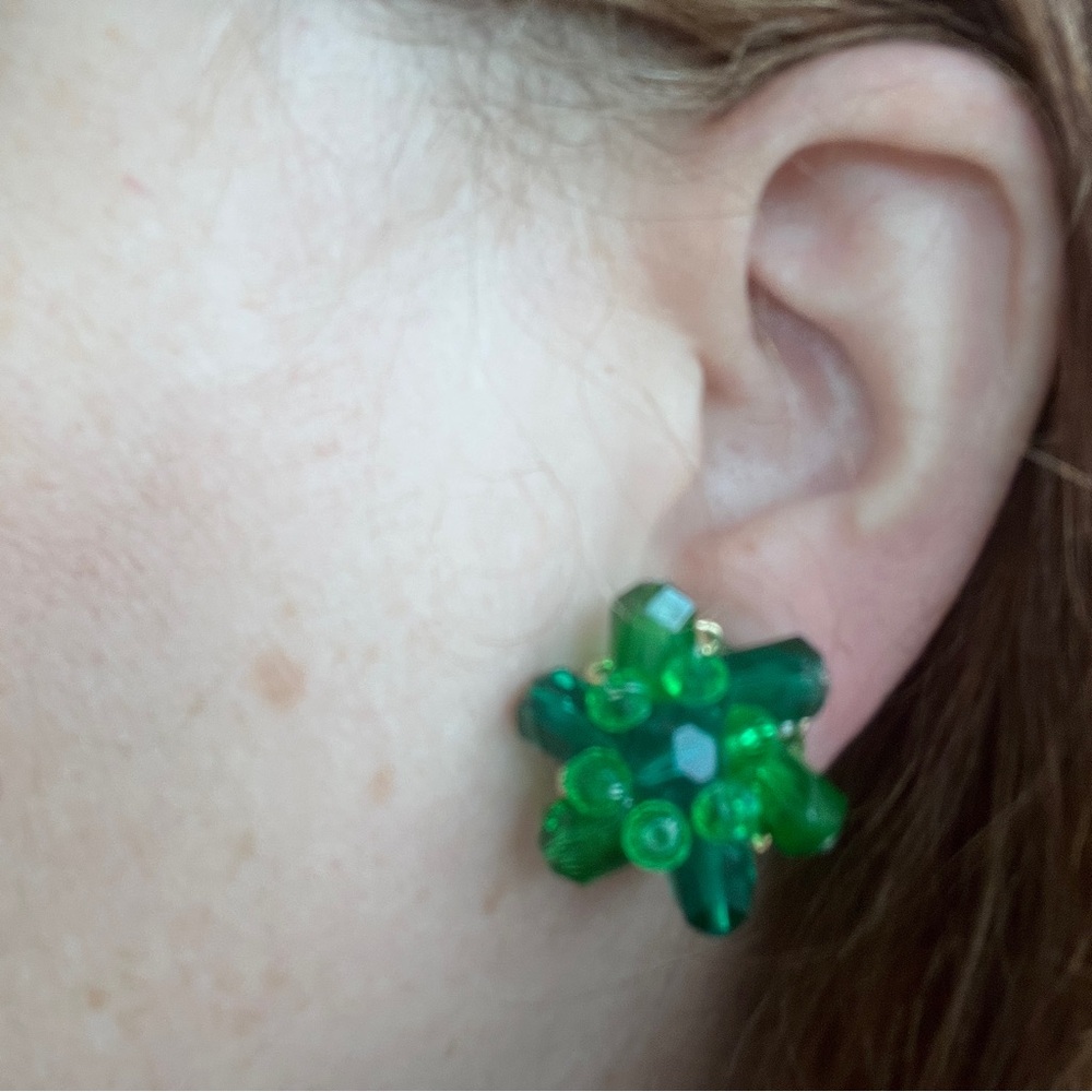 W Germany Green clip on Earrings Beaded Clustered 1950